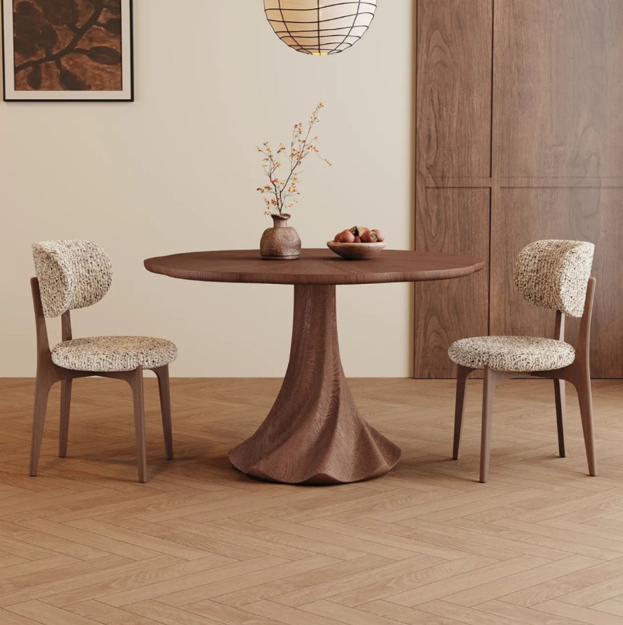Round Solid Wood Pedestal Dining Table & Bouclé Chair Set, view 5
