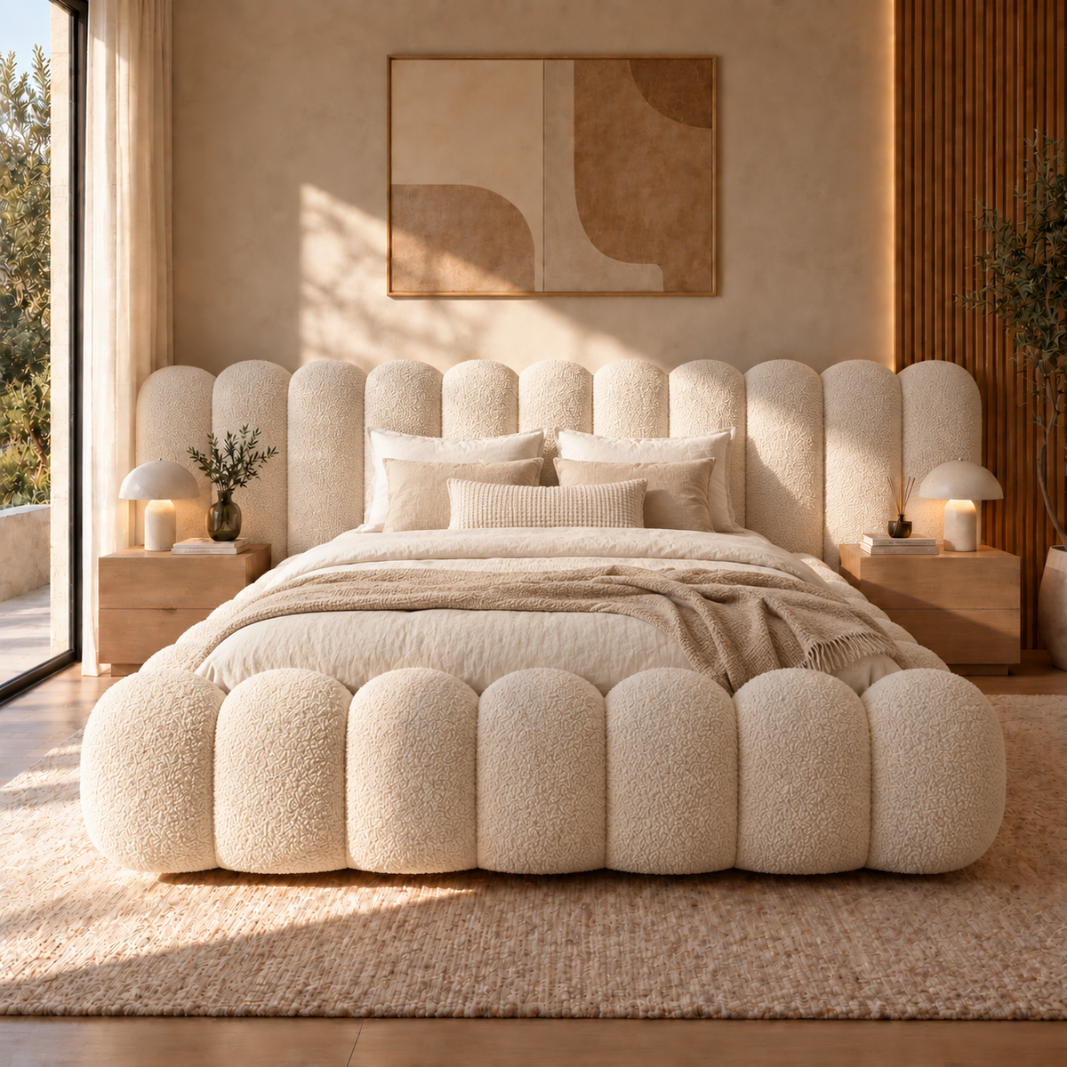 Luna bouclé upholstered bed in a calm bedroom