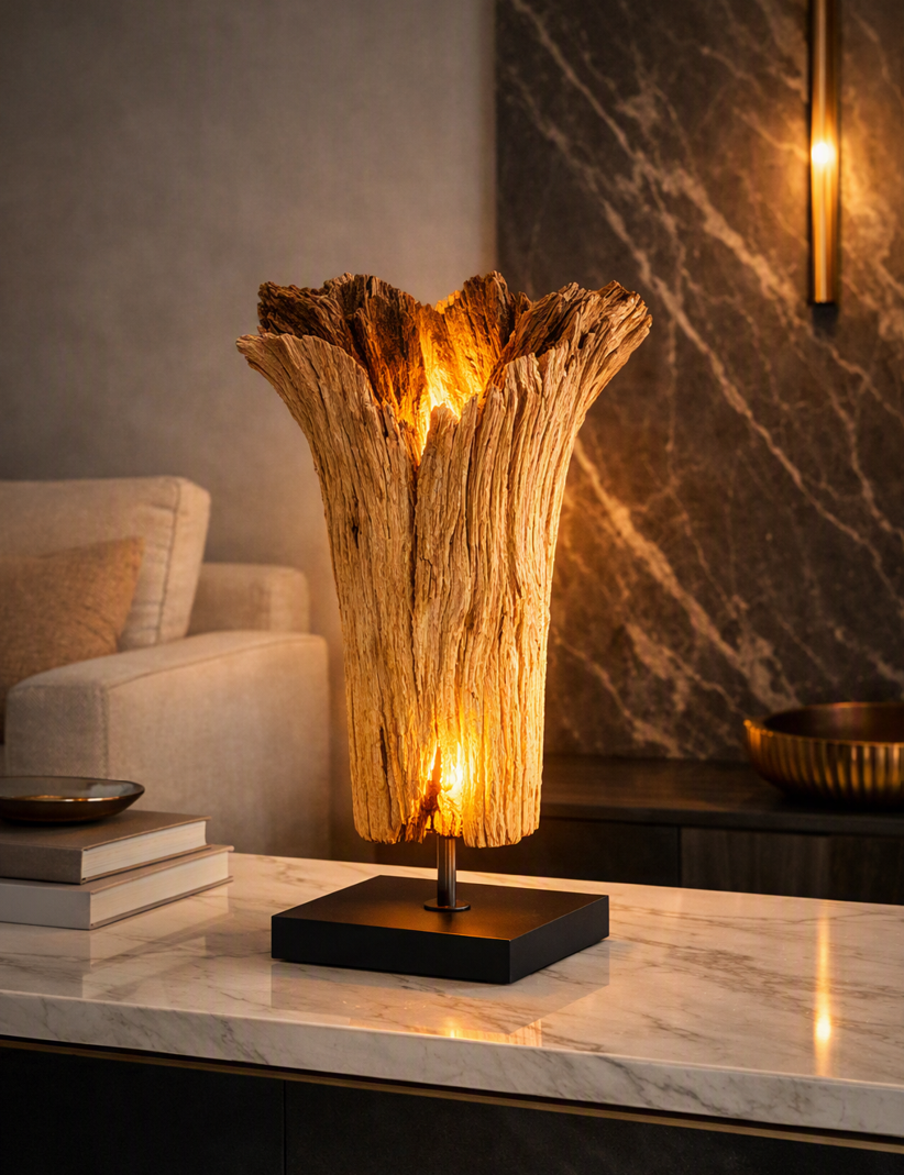 Engraved Floral Beech Wood Table Lamp