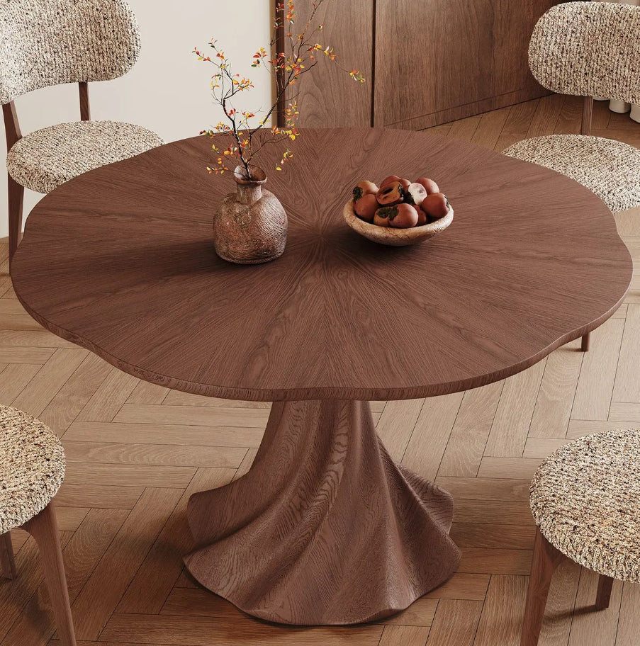 Round Solid Wood Pedestal Dining Table & Bouclé Chair Set, view 3