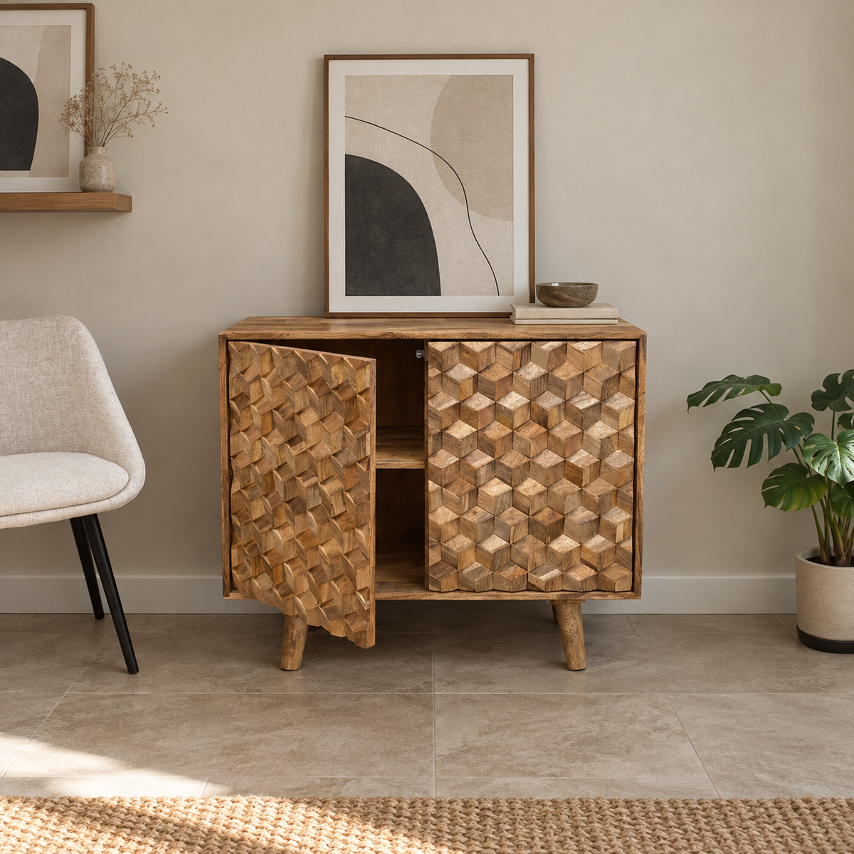 Elara Geometric Wood Storage Cabinet, view 2