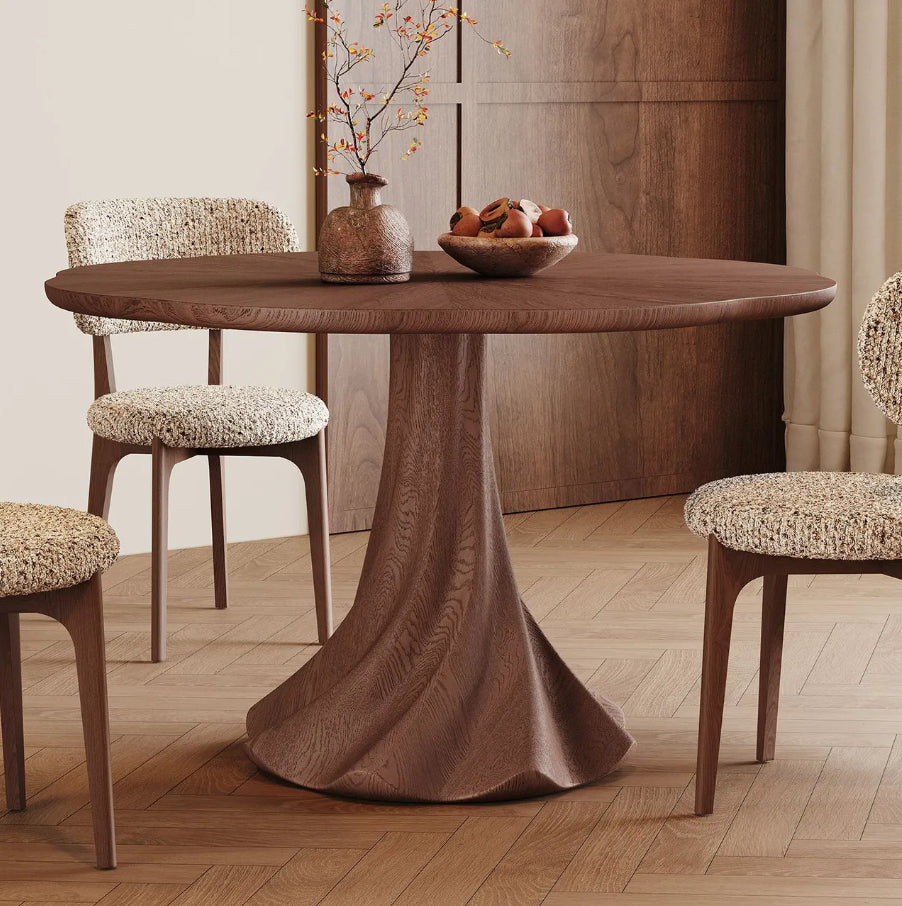 Round Solid Wood Pedestal Dining Table & Bouclé Chair Set, view 2