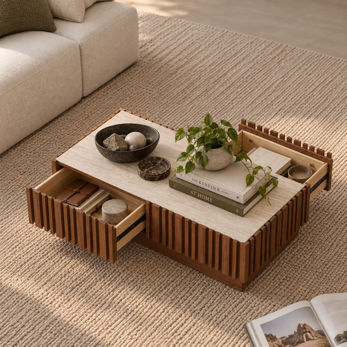 Arlo Fluted Coffee Table with Storage Drawers
