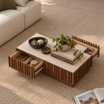 Arlo Fluted Coffee Table with Storage Drawers